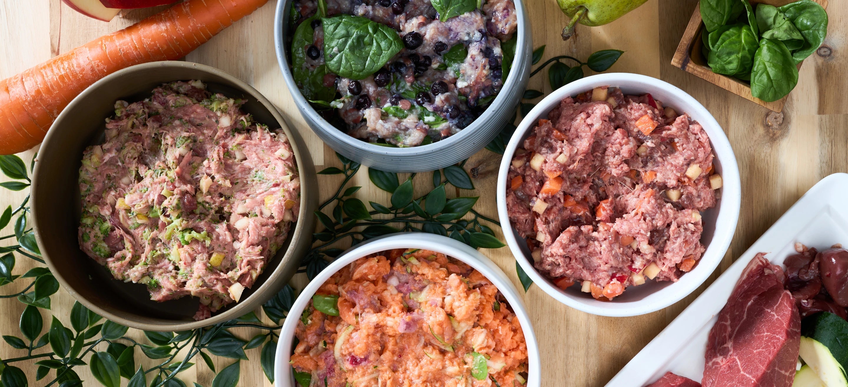 A selection of Joey's Raw balanced and fresh meals, featuring premium natural ingredients for healthy and happy dogs.